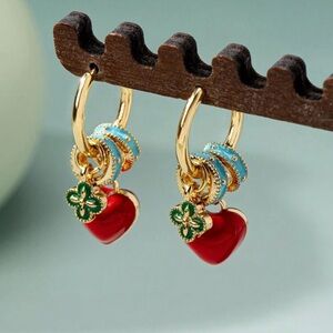 Lucky Love Heart Drop Earrings –‎ Red Enamel & Clover Charms, Gold Hoop Style